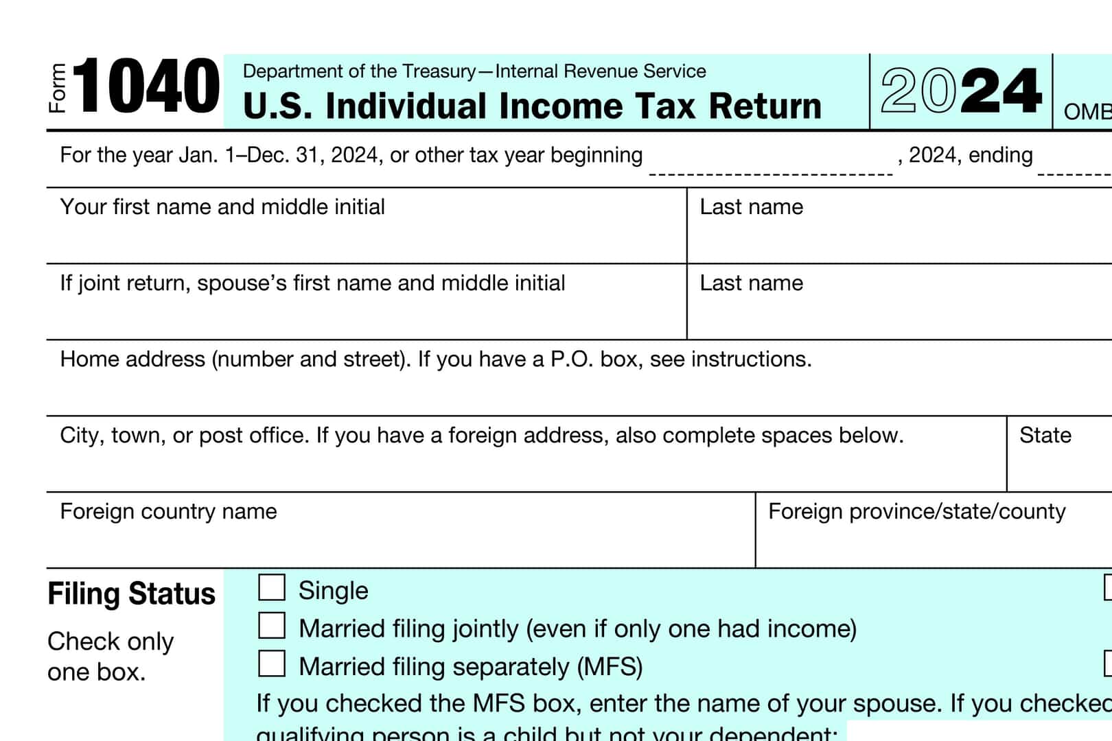 The upper left corner of IRS Form 1040 for tax year 2024.